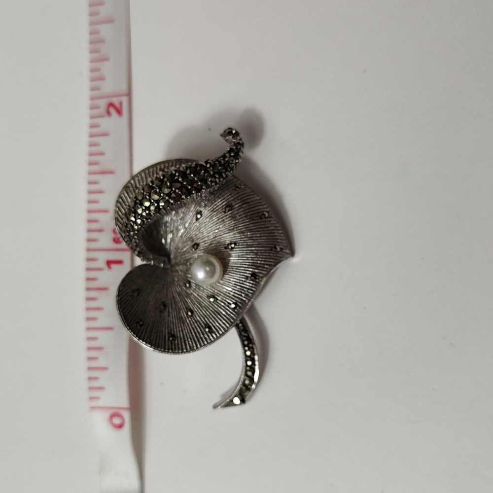 Theodore Fahrner Original Sterling Silver Marcasite FW Pearl Heart Brooch Pin - Picture 12 of 15